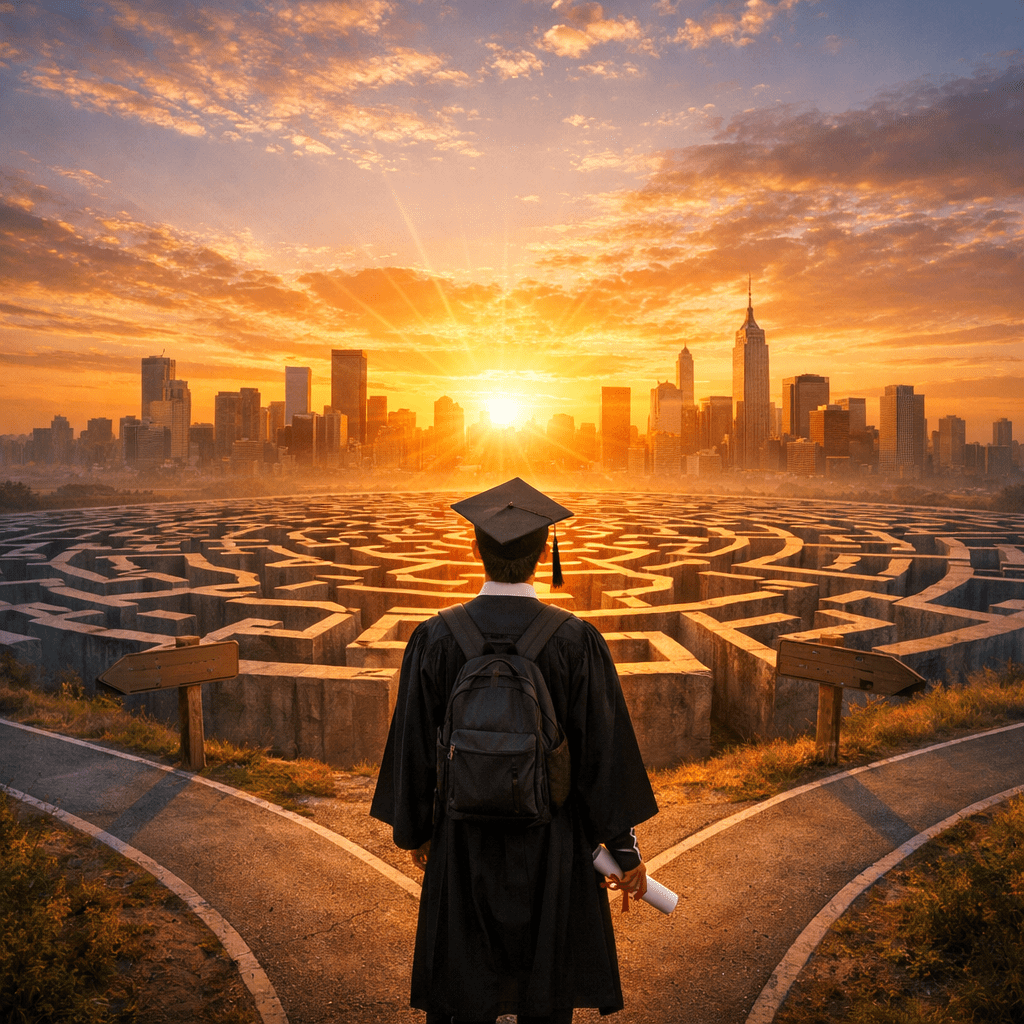 Graduate in cap and gown standing before a large maze with a city skyline and sunrise in the background