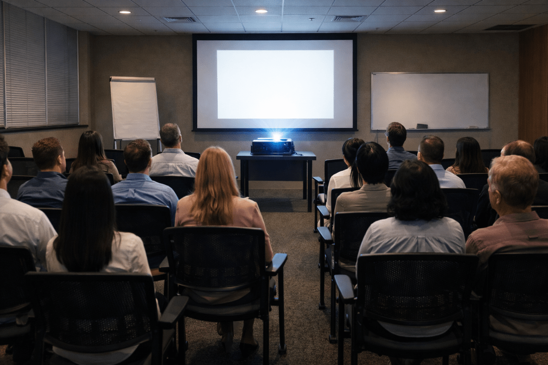 Empty conference room with chairs, projector on table, papers scattered on carpet, blank projection screen